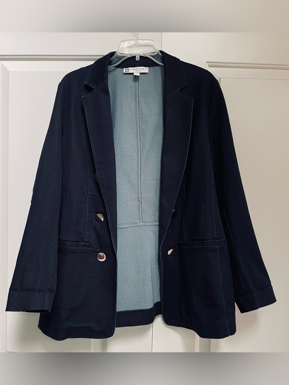 Anne Klein Dark Navy Blue Open-Front Denim Double-Breasted Silver Button Blazer